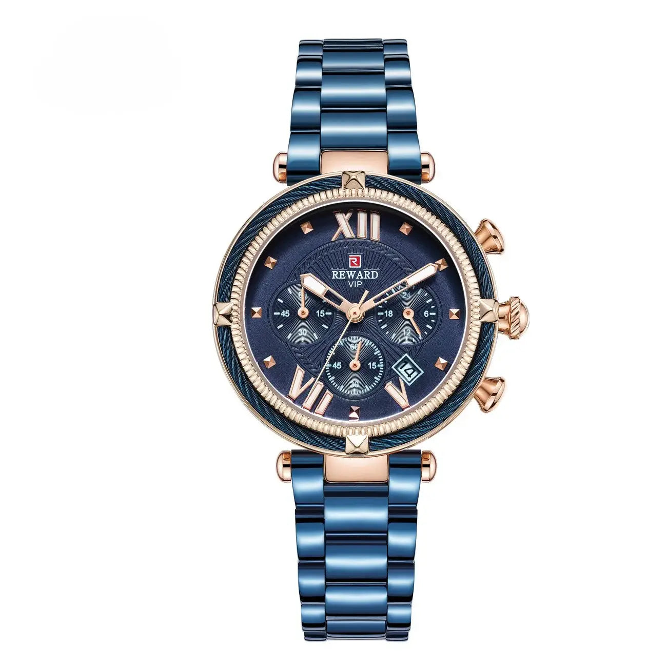 Blue wristwatch with rose gold accents on a white background