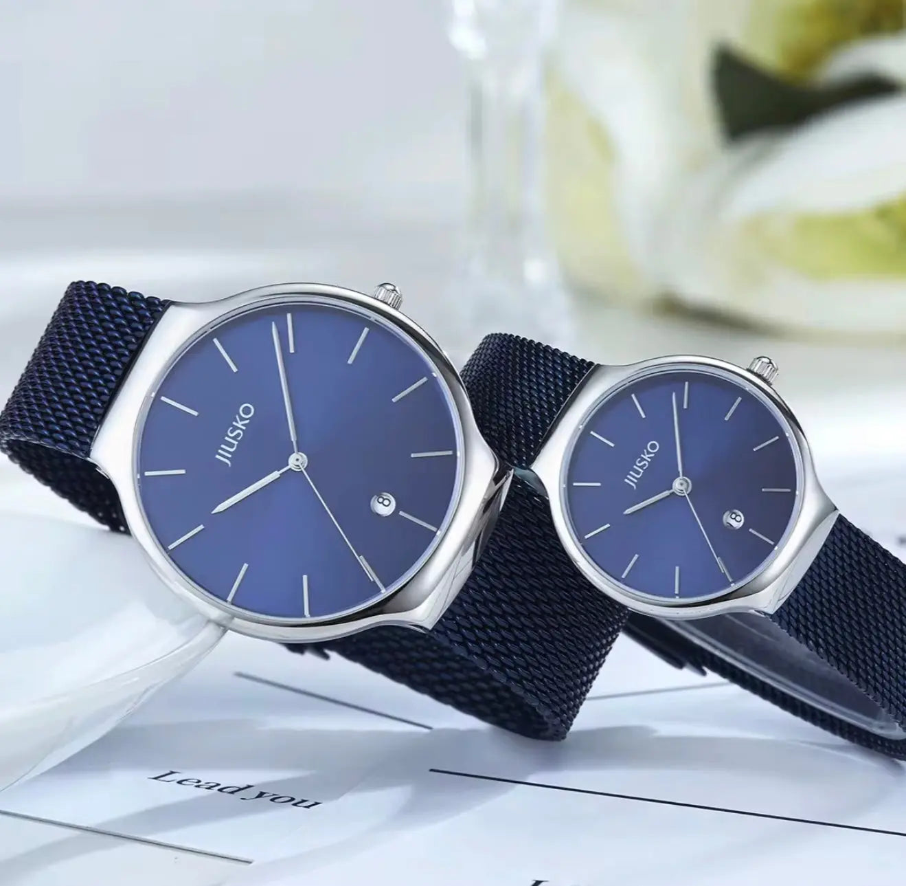 JIUSKO Couple's Quartz Watch Set– Sapphire Crystal, Stainless Steel Mesh Band, Japanese Quartz Movement (Blue) OverflyEyki