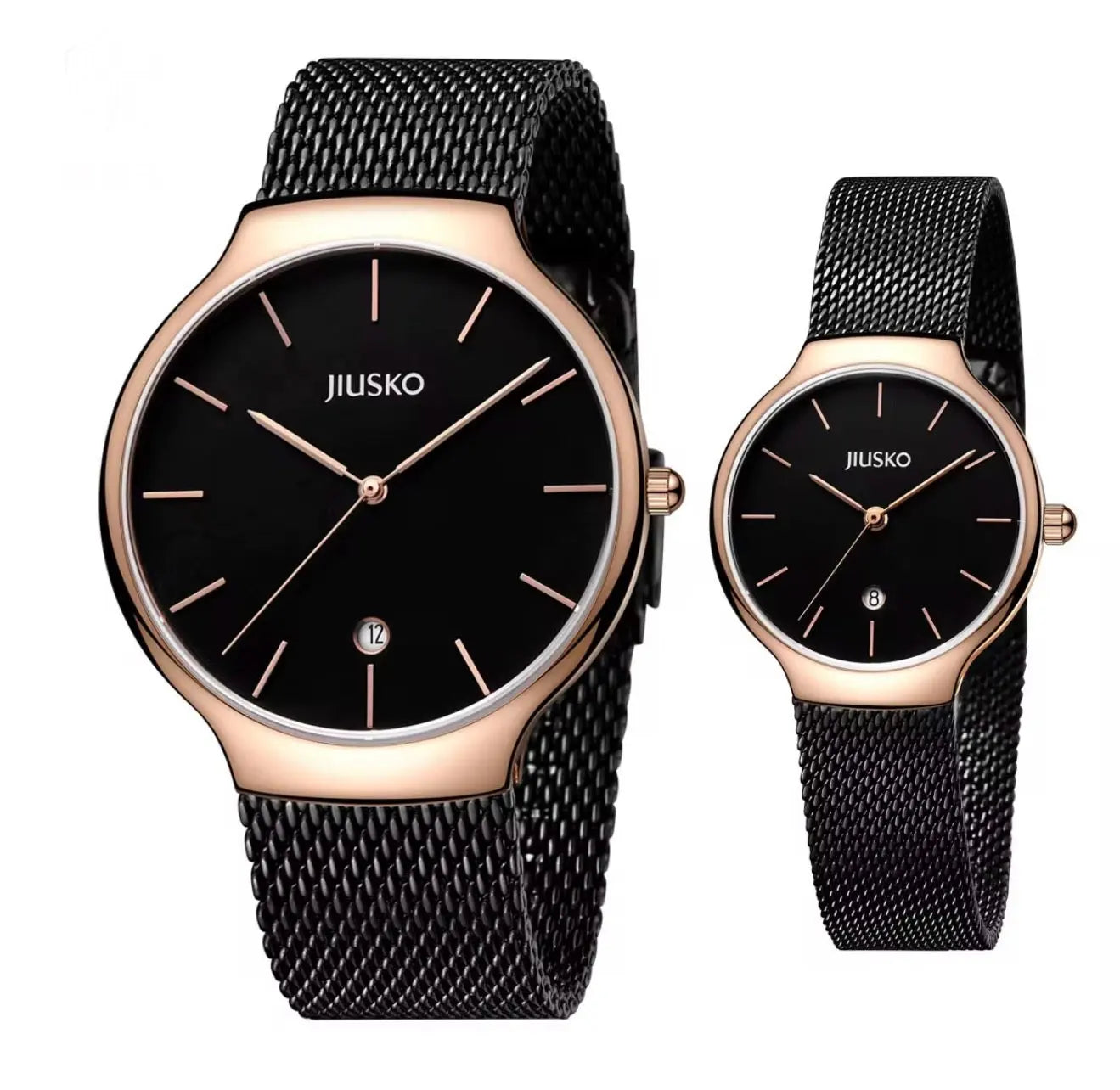 JIUSKO Couple's Quartz Watch Set – Sapphire Crystal, Stainless Steel Mesh Band, Quartz Movement (Black) OverflyEyki