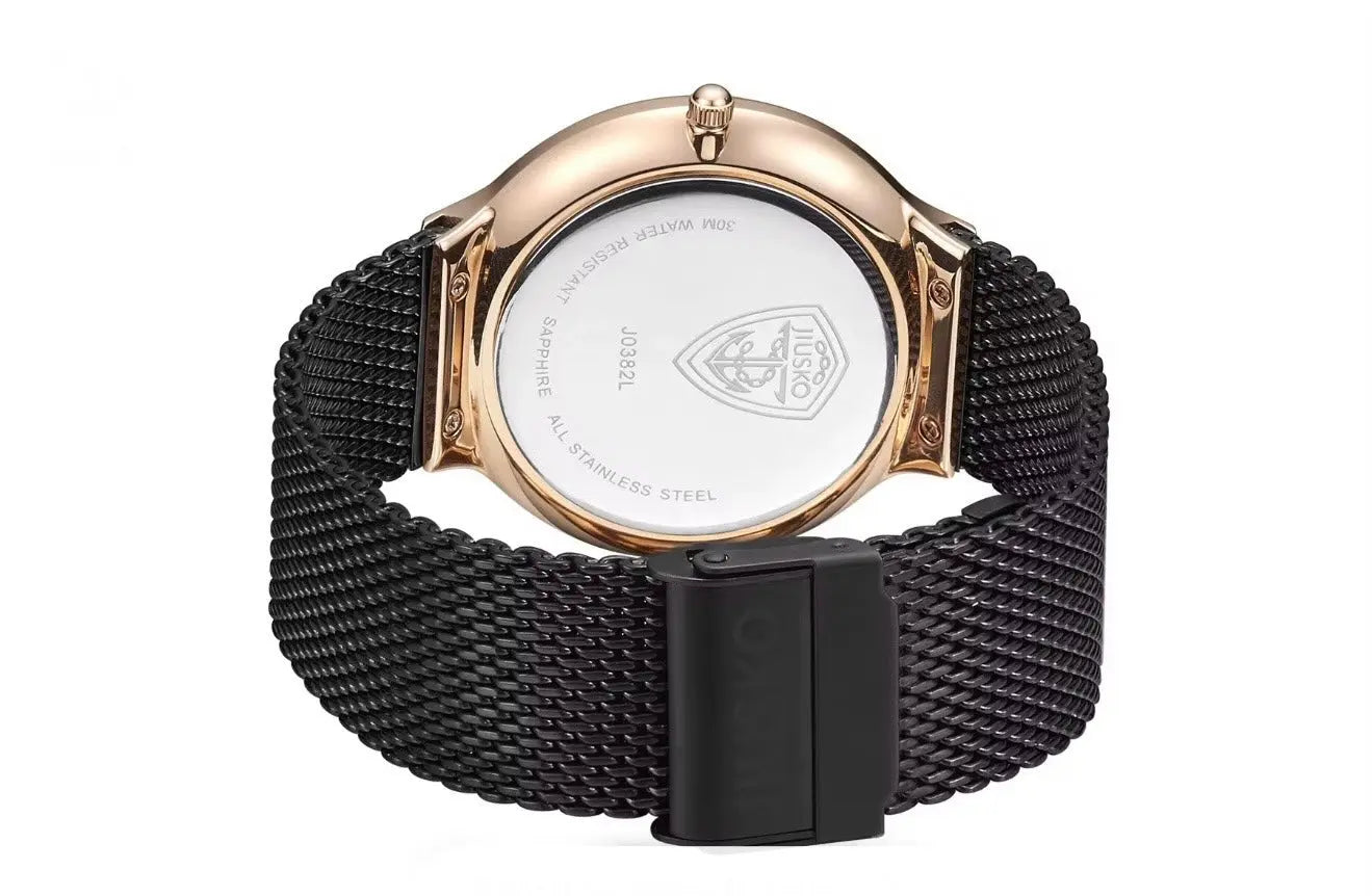 JIUSKO Couple's Quartz Watch Set – Sapphire Crystal, Stainless Steel Mesh Band, Quartz Movement (Black) OverflyEyki