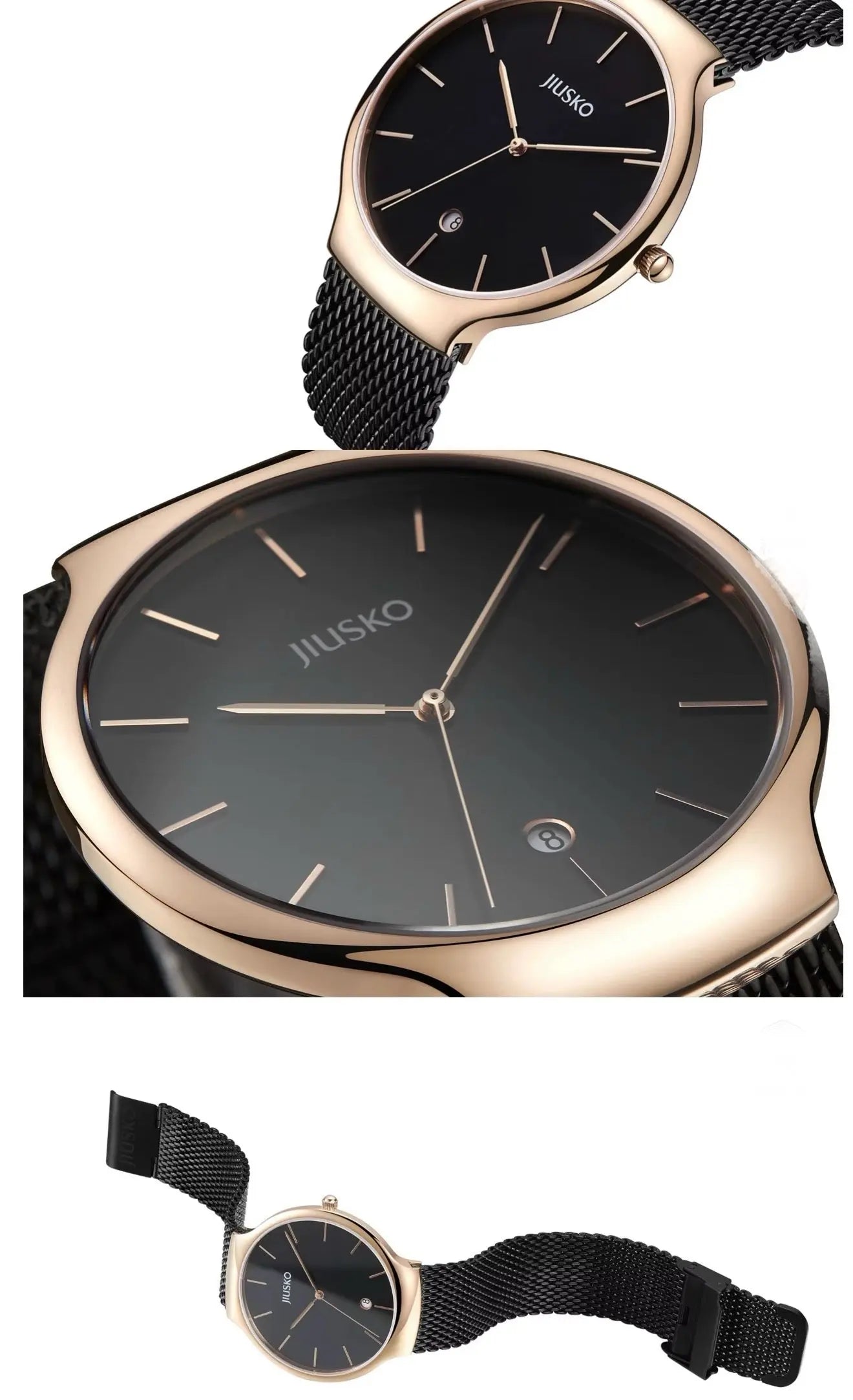 JIUSKO Couple's Quartz Watch Set – Sapphire Crystal, Stainless Steel Mesh Band, Quartz Movement (Black) OverflyEyki