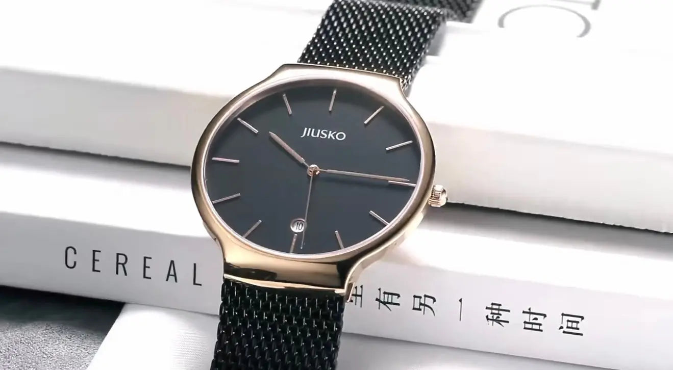 JIUSKO Couple's Quartz Watch Set – Sapphire Crystal, Stainless Steel Mesh Band, Quartz Movement (Black) OverflyEyki