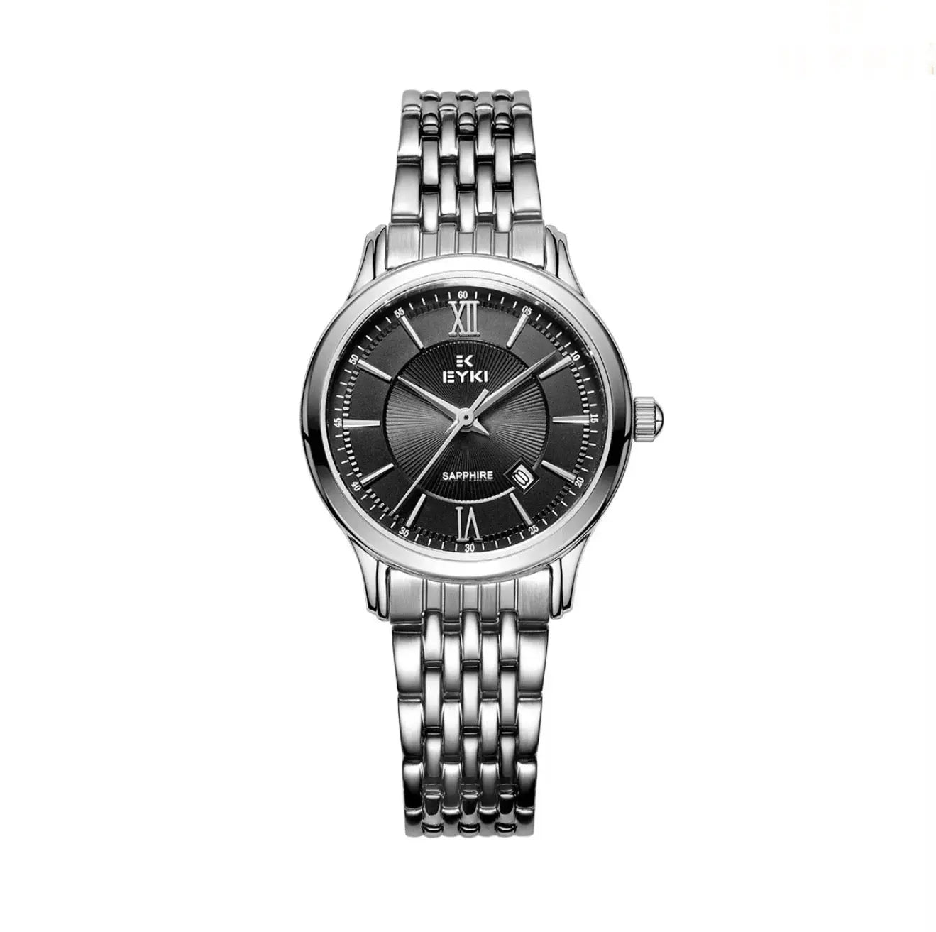 EYKI Women’s Stainless Steel Quartz Wristwatch – Sapphire Glass , Luxury Fashion Business Watch (Silver and Black) OverflyEyki