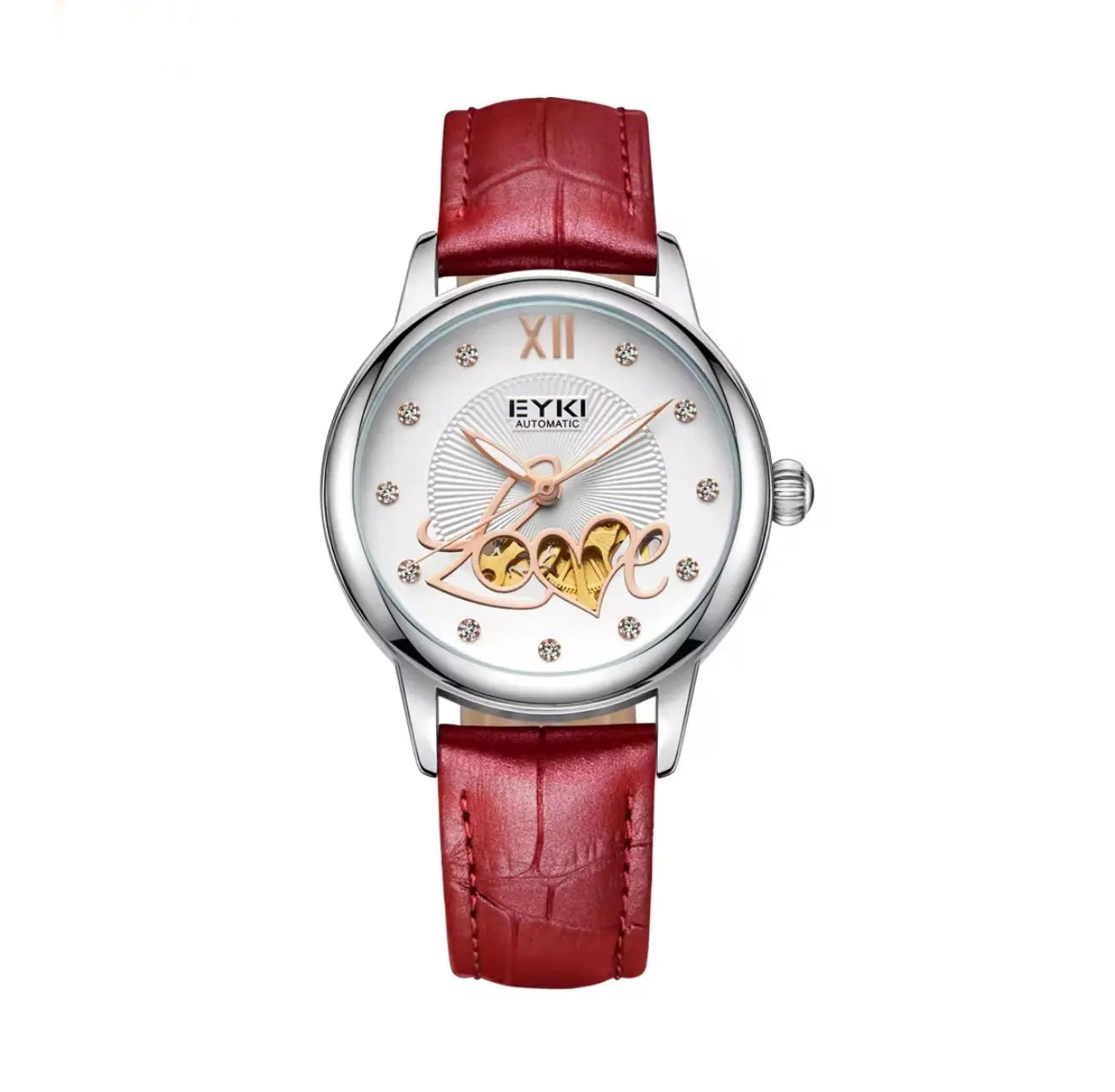 Women's Automatic Watch Luxury Open-Heart Skeleton Dial – 35.2mm Alloy Case, Genuine Leather Strap, 3ATM Waterproof (Red) OverflyEyki