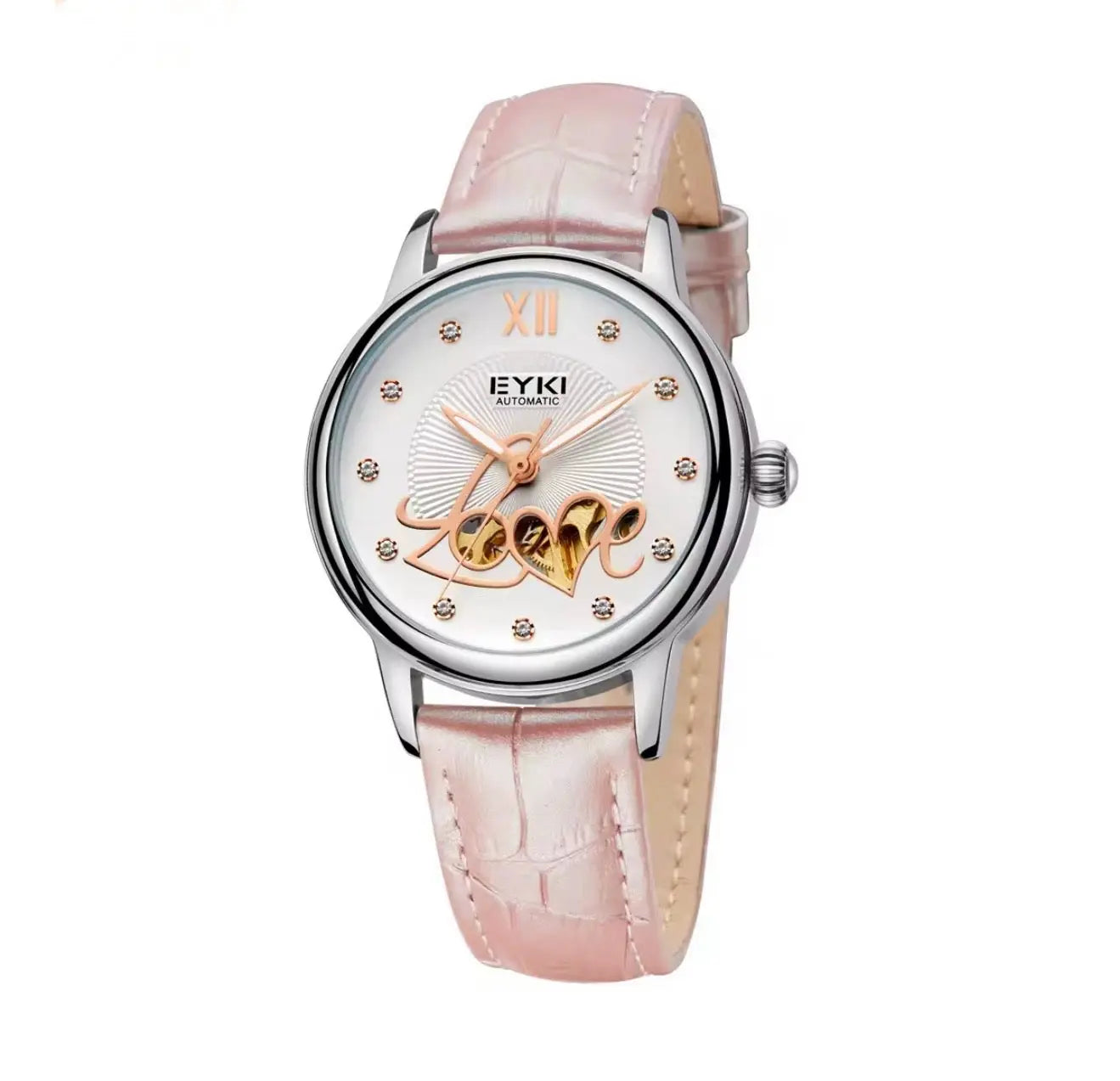 Women's Automatic Watch Luxury Open-Heart Skeleton Dial – 35.2mm Alloy Case, Genuine Leather Strap, 3ATM Waterproof (Pink) OverflyEyki