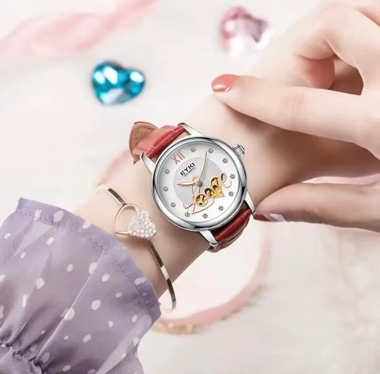 Women's Automatic Watch Luxury Open-Heart Skeleton Dial – 35.2mm Alloy Case, Genuine Leather Strap, 3ATM Waterproof (Red) OverflyEyki