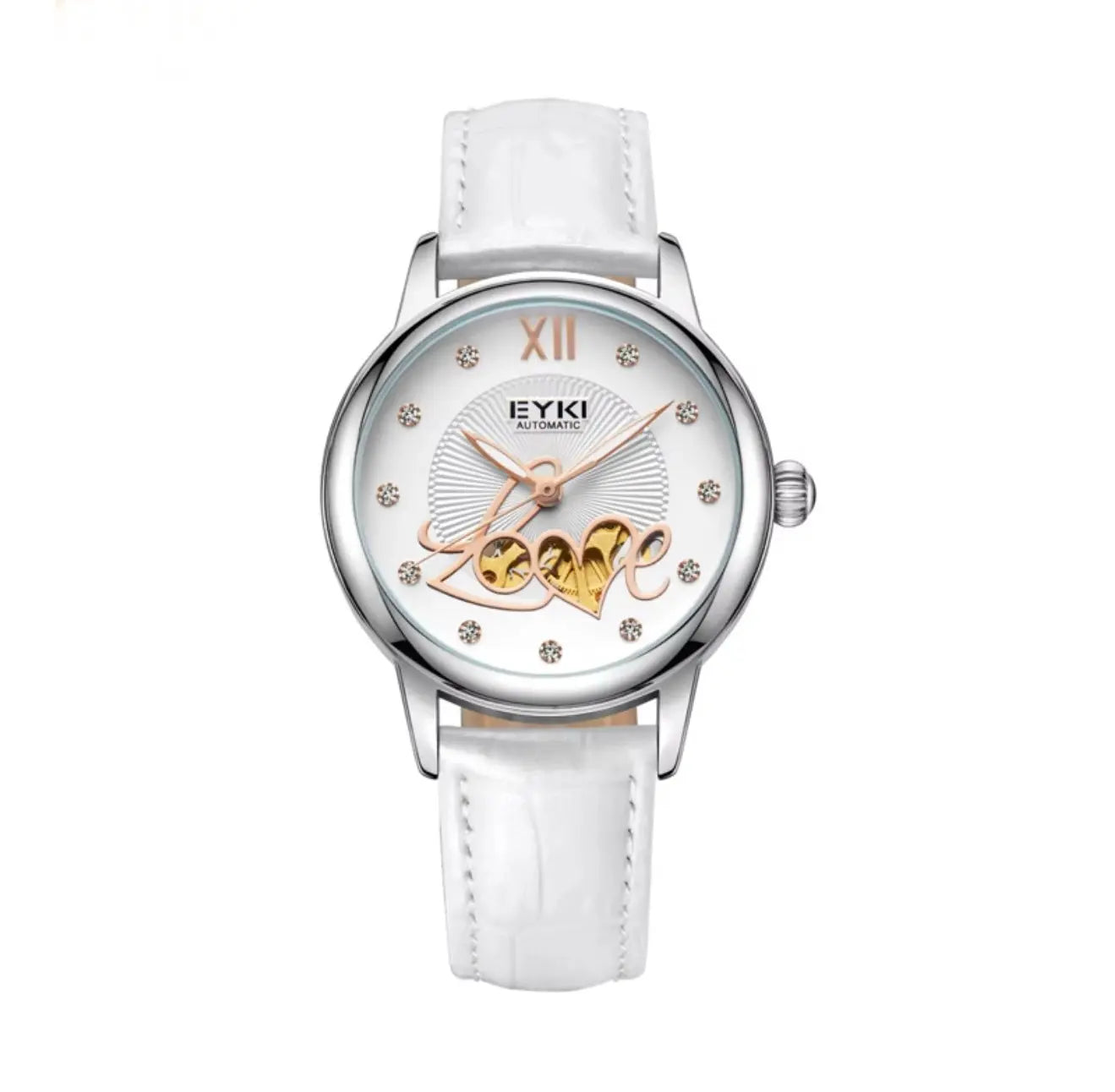 Women's Automatic Watch Luxury Open-Heart Skeleton Dial – 35.2mm Alloy Case, Genuine Leather Strap, 3ATM Waterproof (White) OverflyEyki