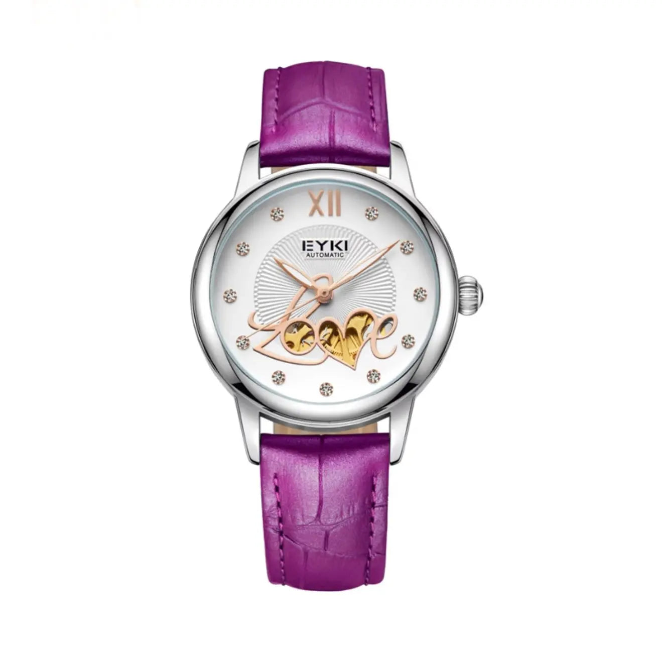 Women's Automatic Watch Luxury Open-Heart Skeleton Dial – 35.2mm Alloy Case, Genuine Leather Strap, 3ATM Waterproof (Purple) OverflyEyki