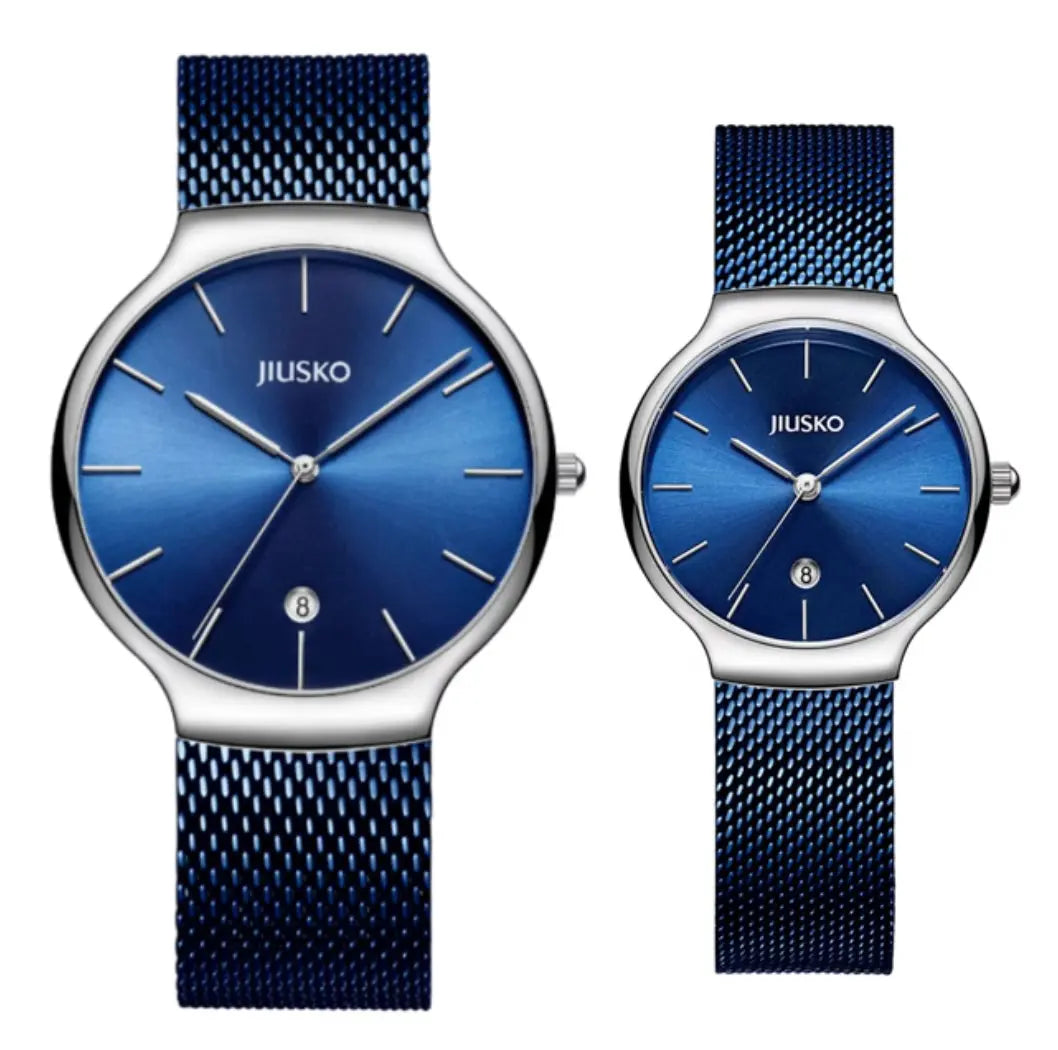 JIUSKO Couple's Quartz Watch Set– Sapphire Crystal, Stainless Steel Mesh Band, Japanese Quartz Movement (Blue) OverflyEyki