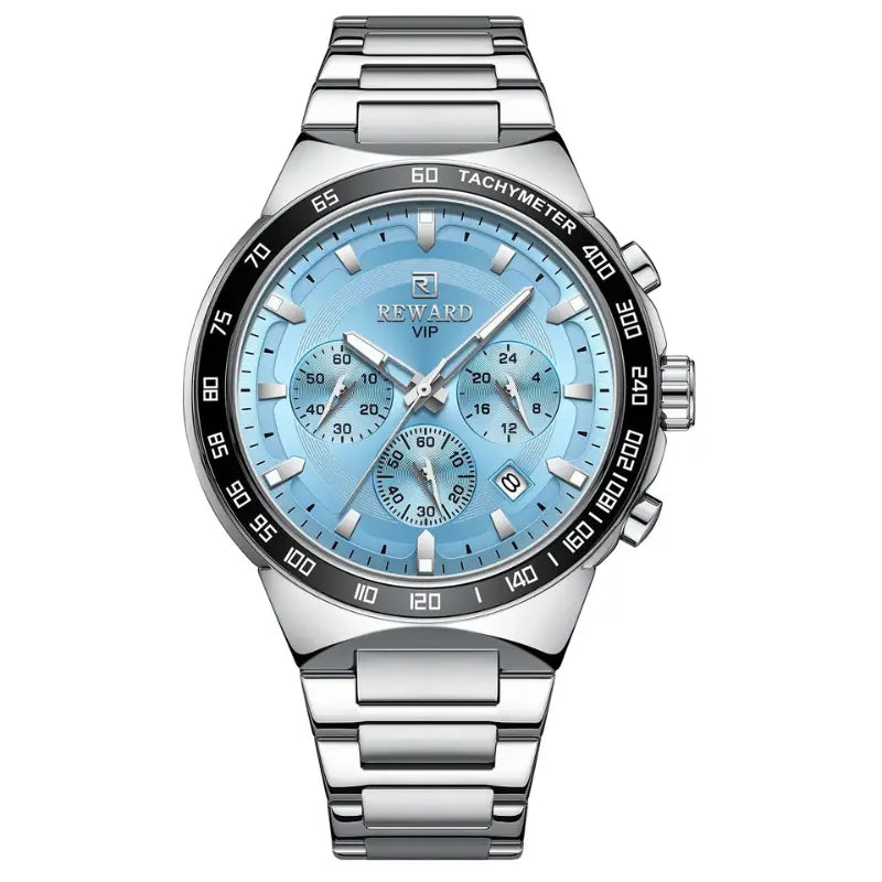 Silver watch with a blue face on a white background