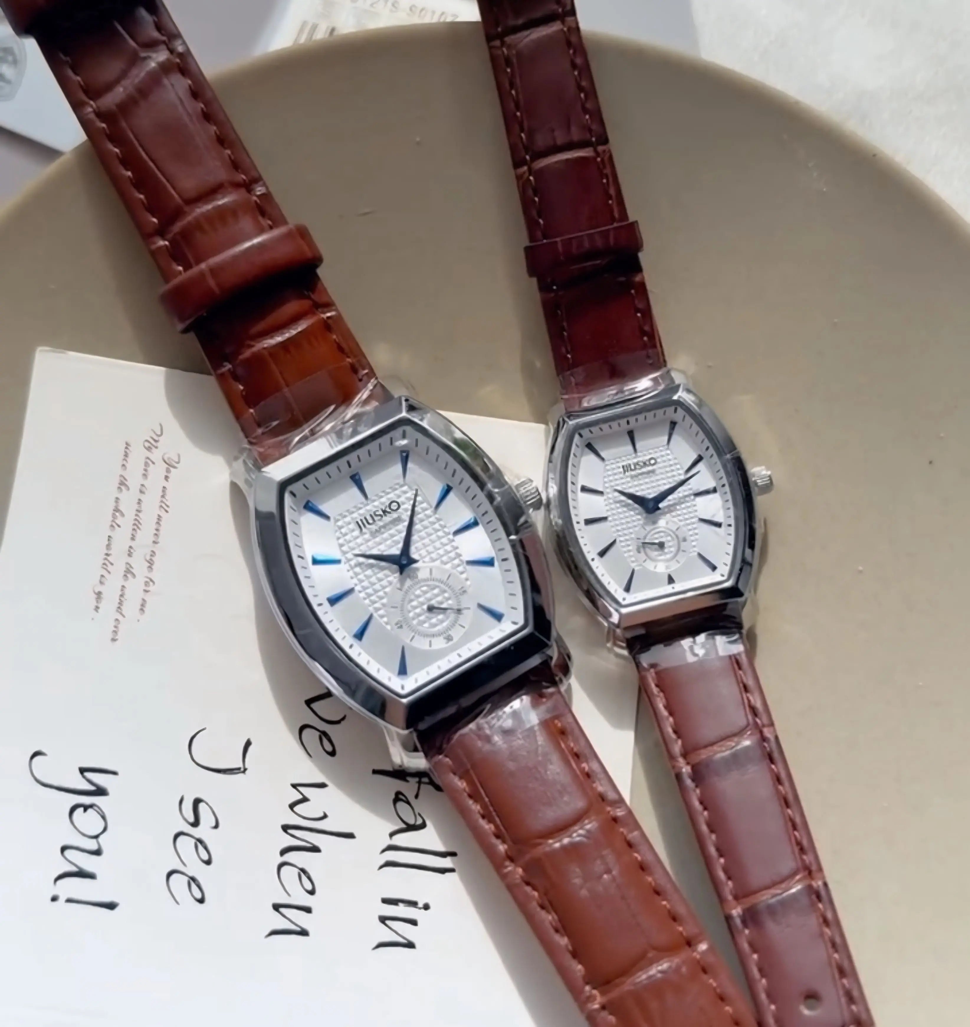 Luxury Couple Watch Set – His & Hers Quartz Wristwatches with Sapphire Crystal, Leather Strap, 3ATM Water Resistant (Brown) OverflyEyki