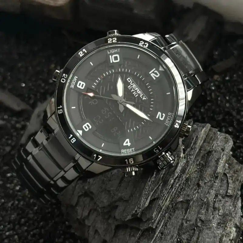 Side angle of an EYKI black stainless steel watch with a tactical dial. Discover affordable watches at our specialized online watch store in Canada.