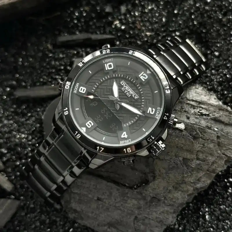 EYKI Overfly black stainless steel multifunctional watch with a tactical dual-display. Find affordable watches at our online watch store in Canada.