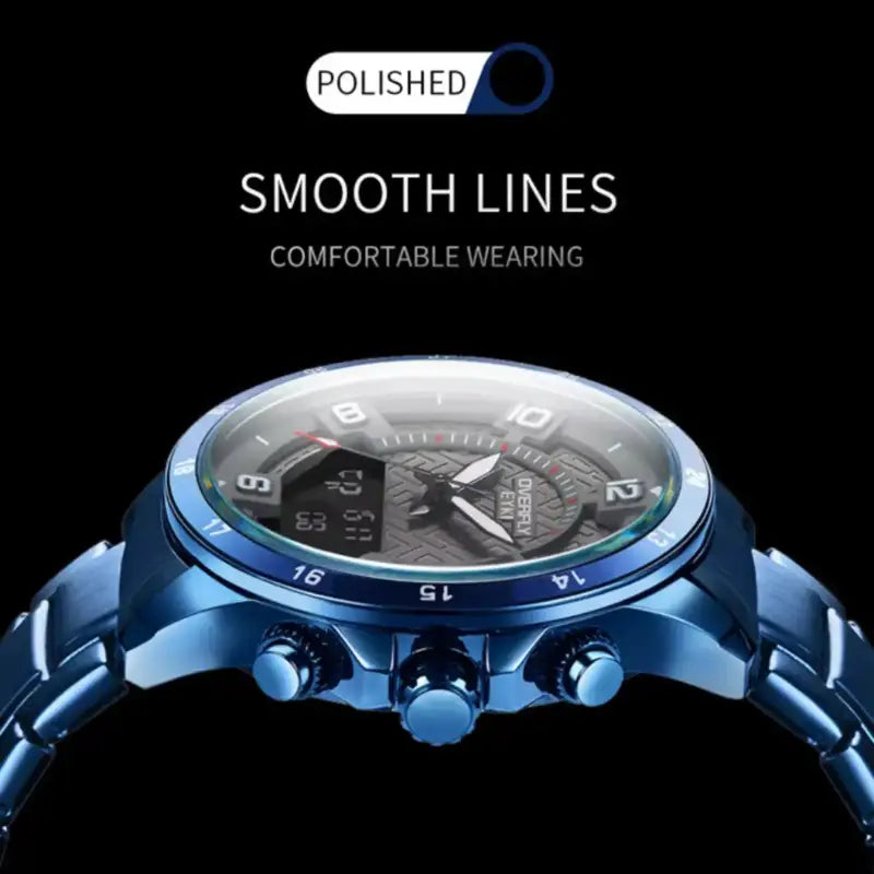 Polished blue stainless steel watch with smooth lines and crown details. Find affordable watches at our premier online watch store in Canada.