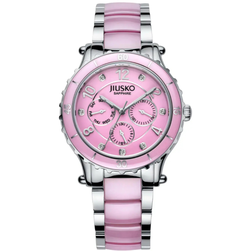 Pink and silver watch with a visible brand name on a white background