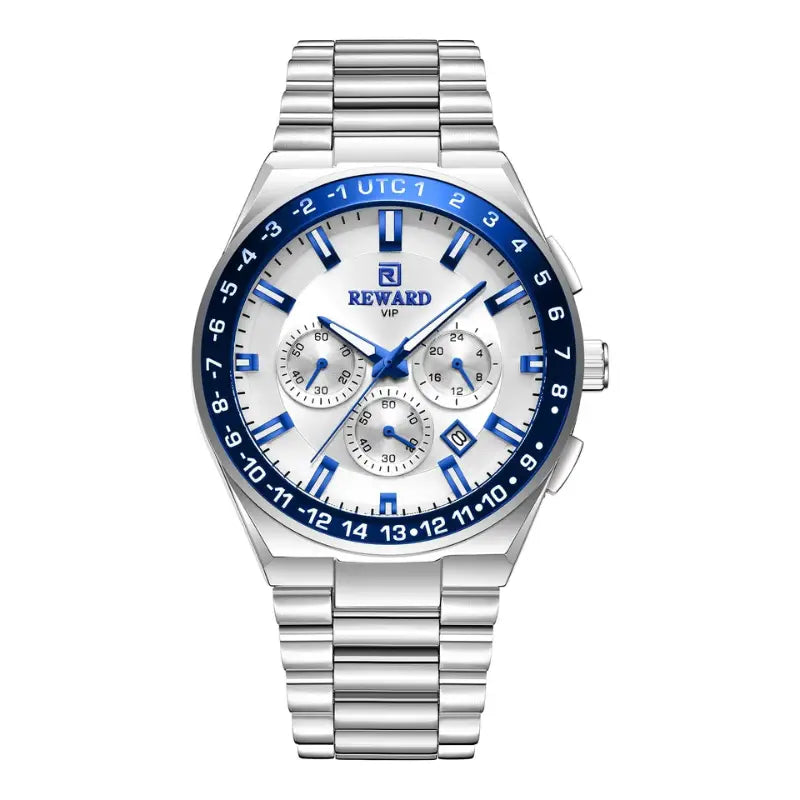 REWARD Blue Dial Chronograph Men’s Watch Front View on White Background.