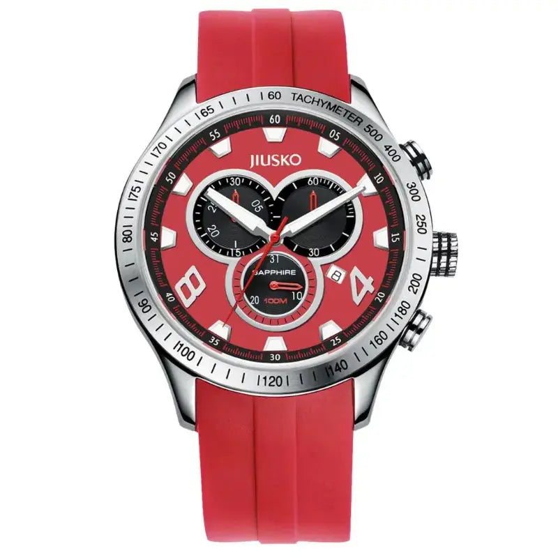 Red watch with a silver case and red strap on a white background