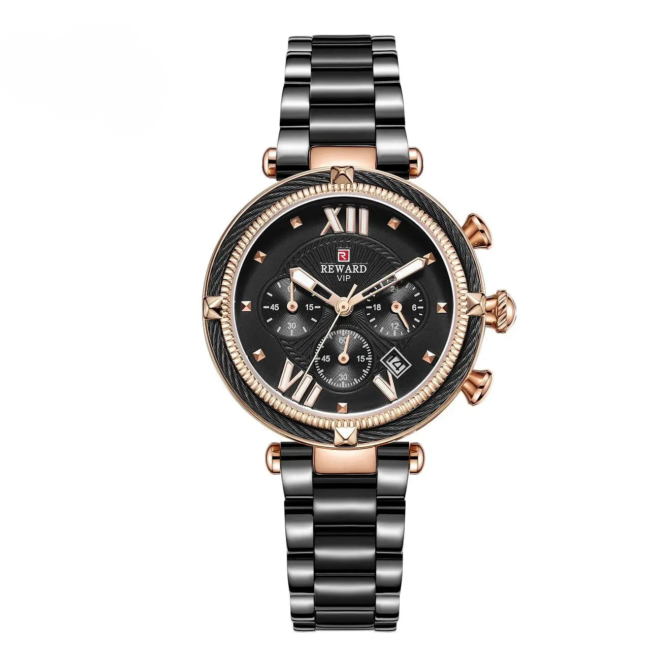 Luxury watch with black and rose gold design on a white background