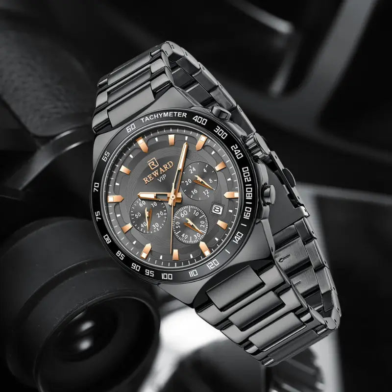 Black wristwatch with detailed face on a blurred background