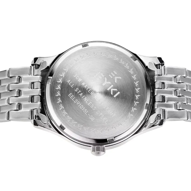 Back view of EYKI silver stainless steel watch showing 30m water resistance. Premium affordable watches from a Canadian online watch store.