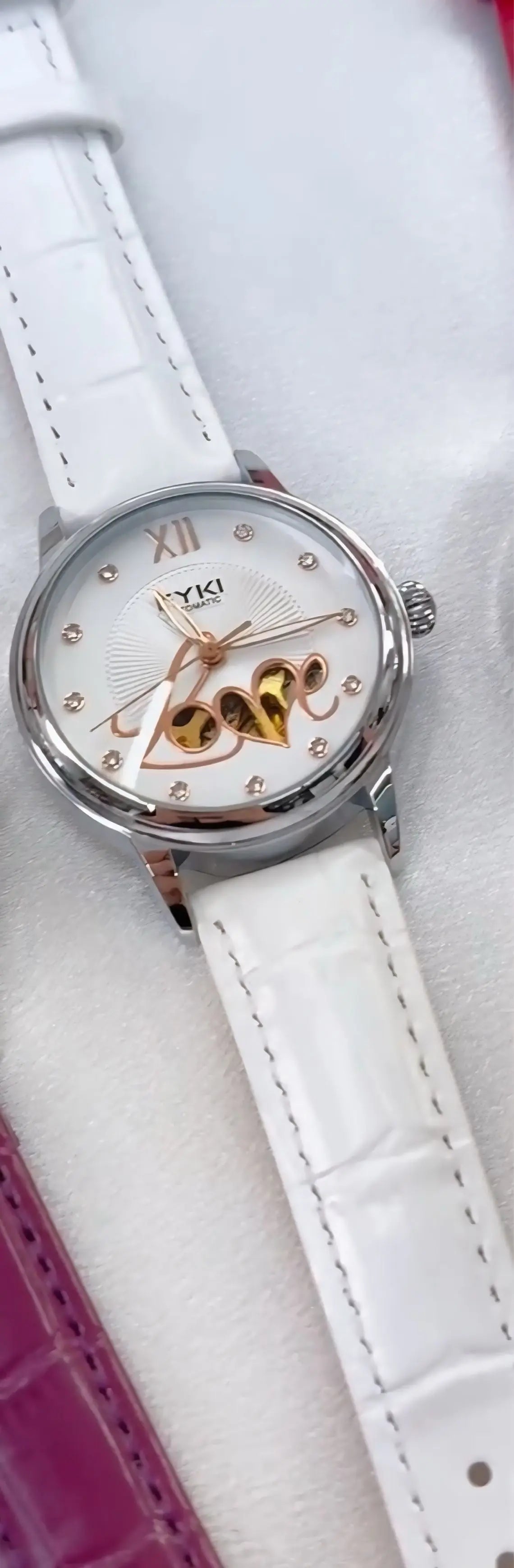 Women's Automatic Watch Luxury Open-Heart Skeleton Dial – 35.2mm Alloy Case, Genuine Leather Strap, 3ATM Waterproof (White) OverflyEyki