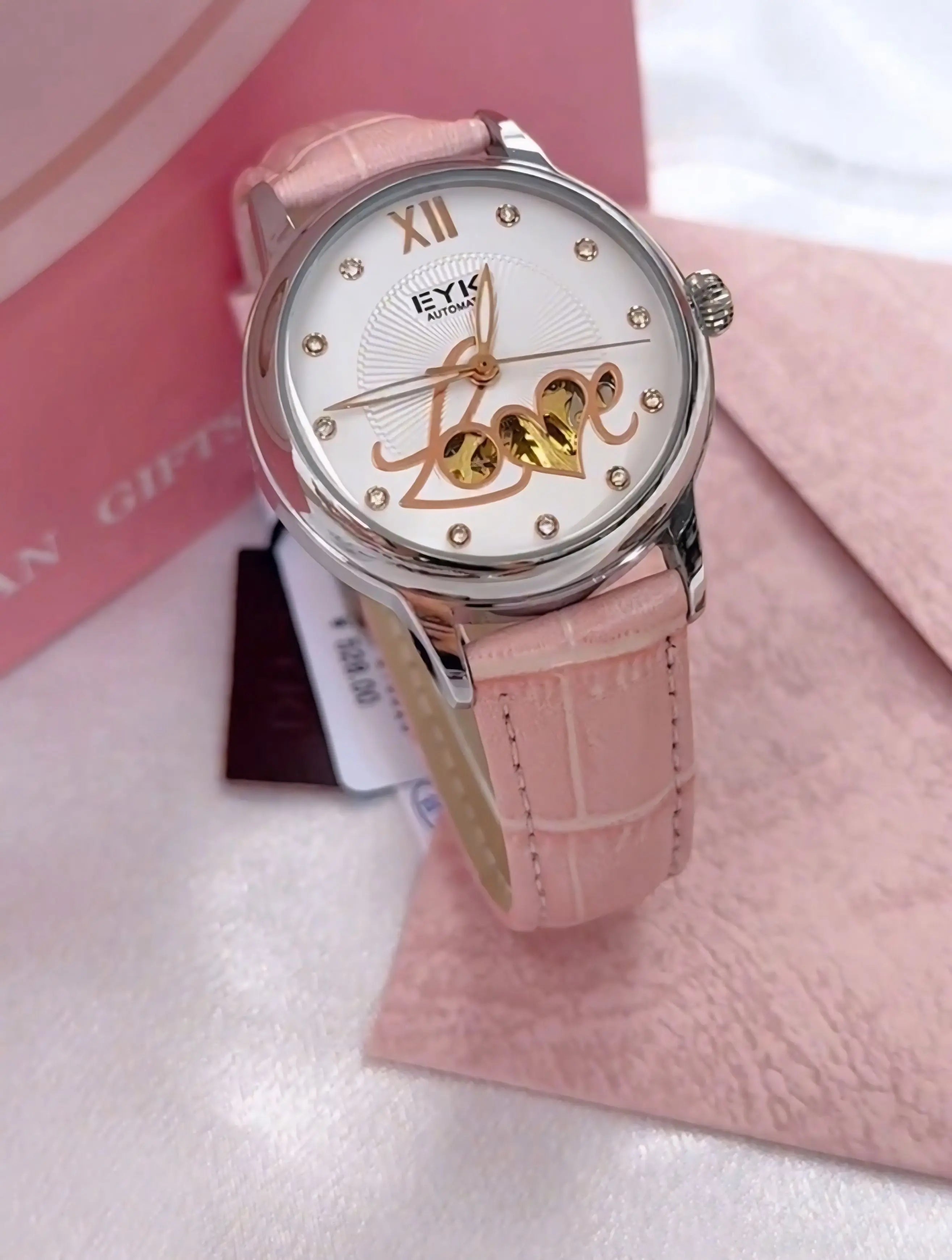 Women's Automatic Watch Luxury Open-Heart Skeleton Dial – 35.2mm Alloy Case, Genuine Leather Strap, 3ATM Waterproof (Pink) OverflyEyki