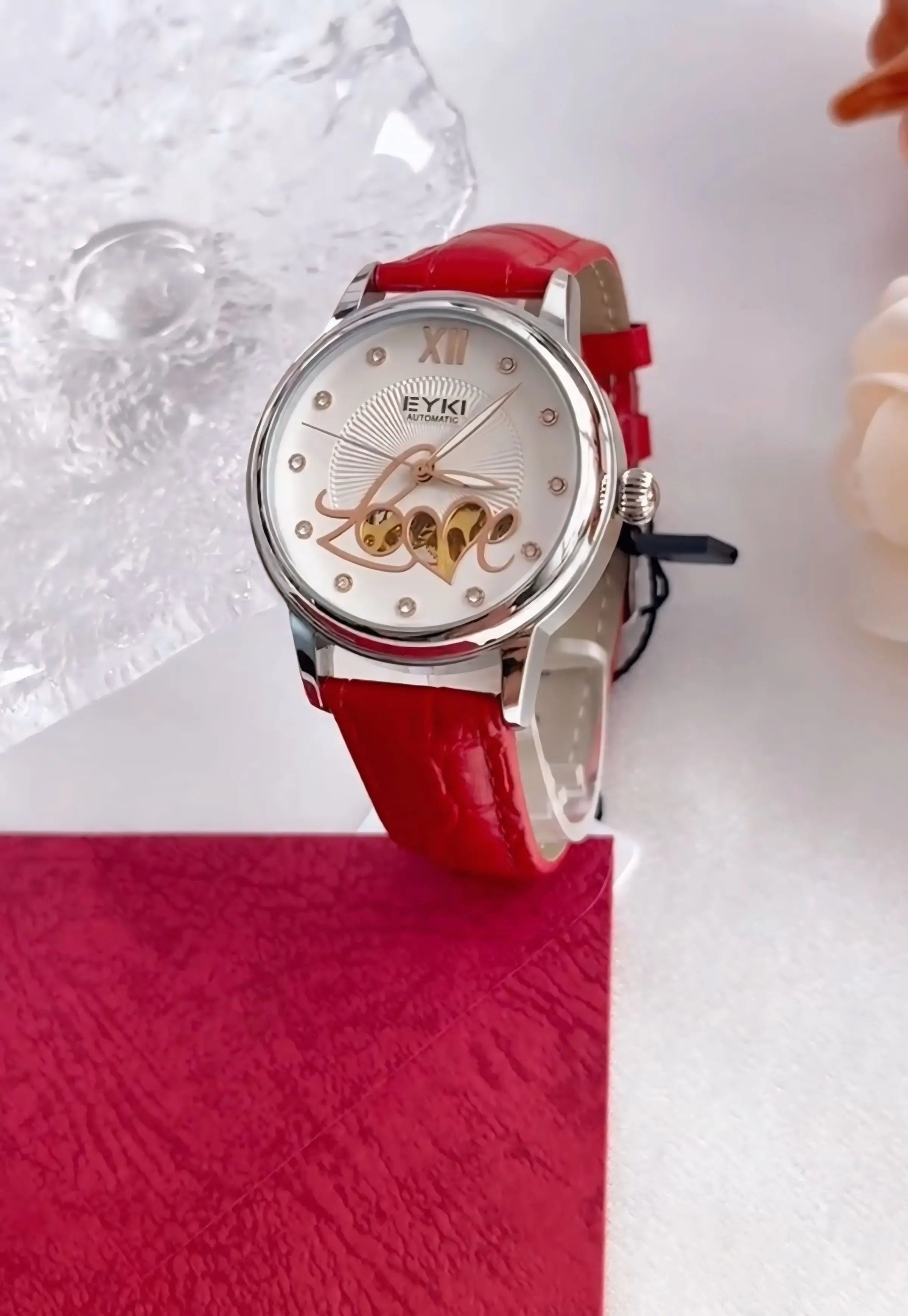 Women's Automatic Watch Luxury Open-Heart Skeleton Dial – 35.2mm Alloy Case, Genuine Leather Strap, 3ATM Waterproof (Red) OverflyEyki