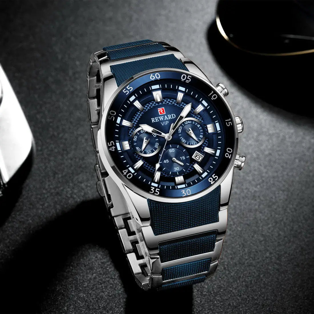 REWARD blue chronograph men’s watch worn on wrist lifestyle image