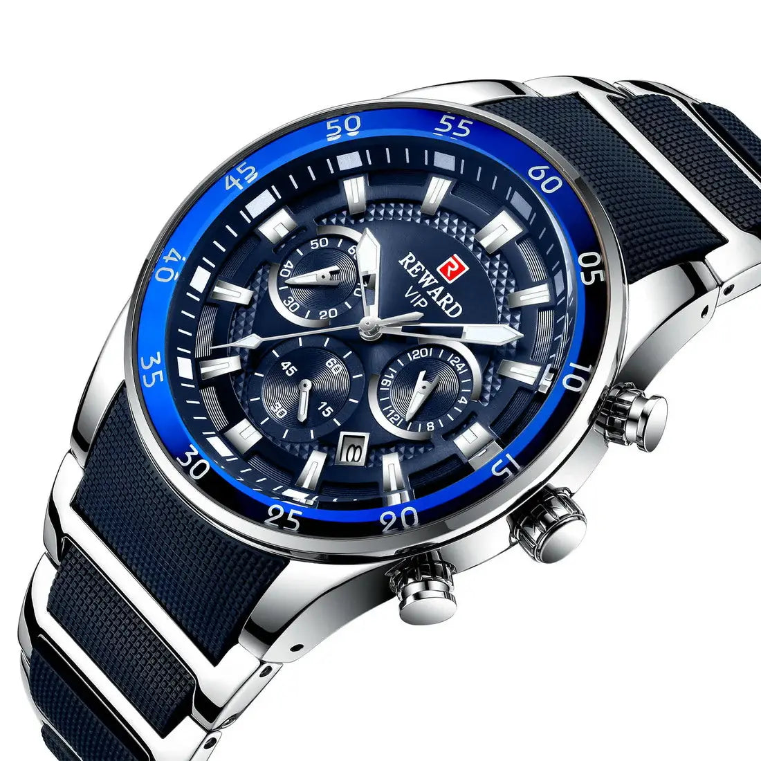REWARD blue dial chronograph stainless steel men’s wristwatch angled view