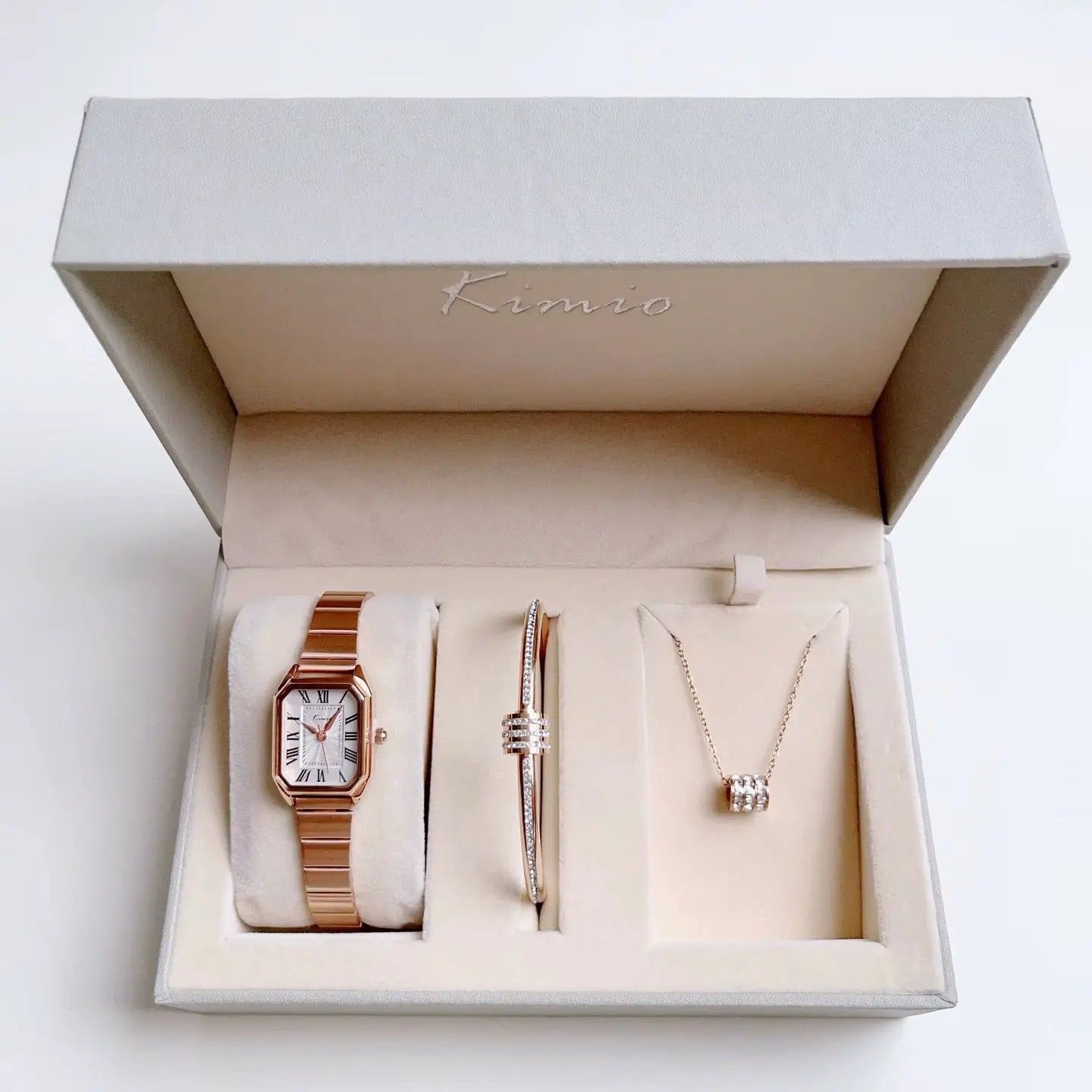 Women's Watch Set Model KM664S - Rose Gold color with necklace and box.