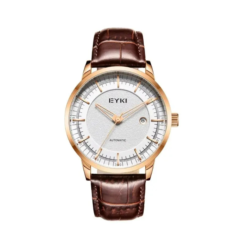 Wristwatch with brown leather strap and rose gold case on white background