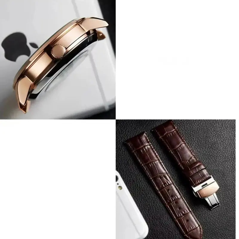 Rose gold watch case and brown leather strap on a white background