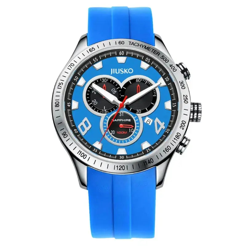 Blue watch with a detailed face on a white background