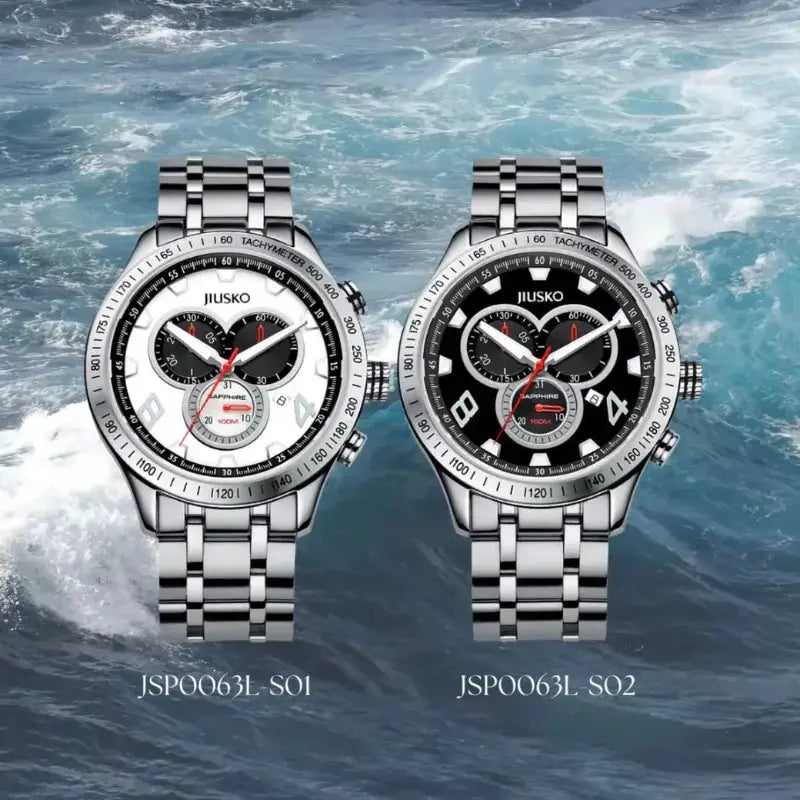 Two JILSKO watches with different face designs on a water background