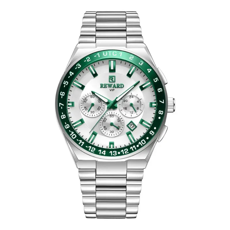 REWARD RD813150M green dial men’s chronograph watch with stainless steel strap front view