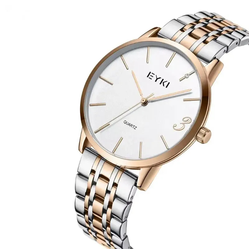 Two-tone watch with silver and rose gold band on a white background