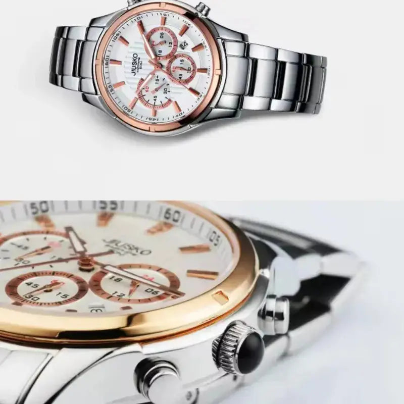 Two views of a silver and rose gold watch with a white face on a light gray background.