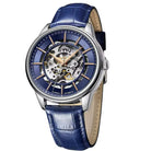 Blue wristwatch with a detailed mechanism on a white background