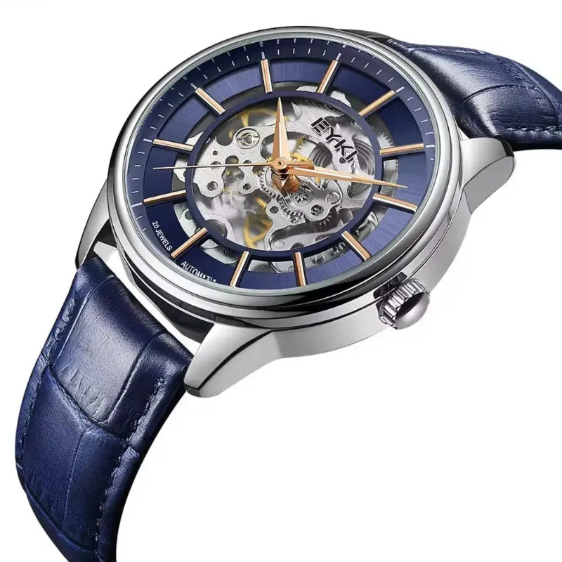 Blue wristwatch with a visible brand name on a white background