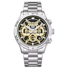 Silver wristwatch with black and yellow face on a white background