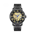 Black wristwatch with visible brand name on a white background