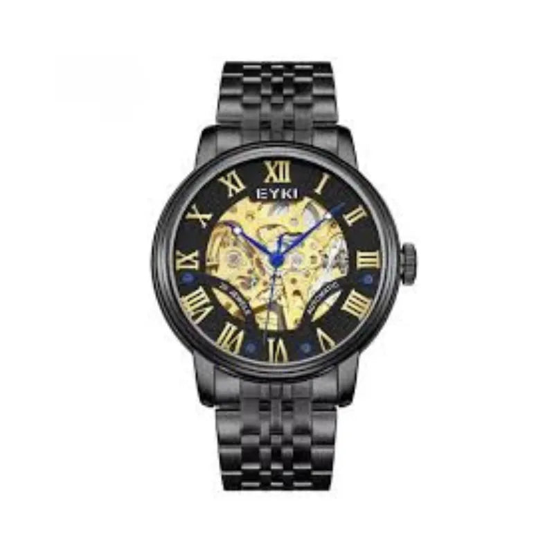 Black wristwatch with visible brand name on a white background