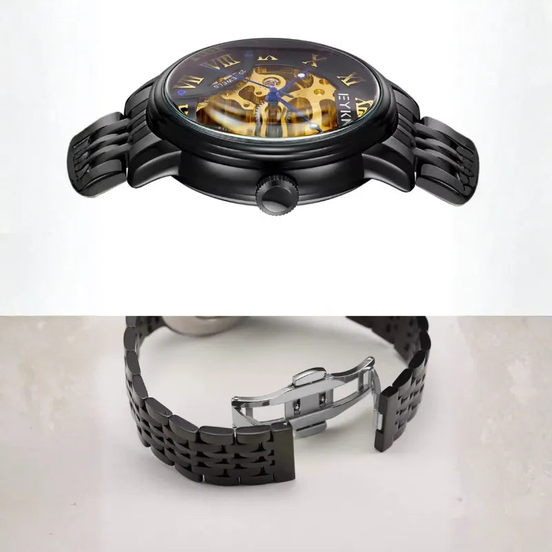 Black wristwatch with detailed face and metal band on a white background