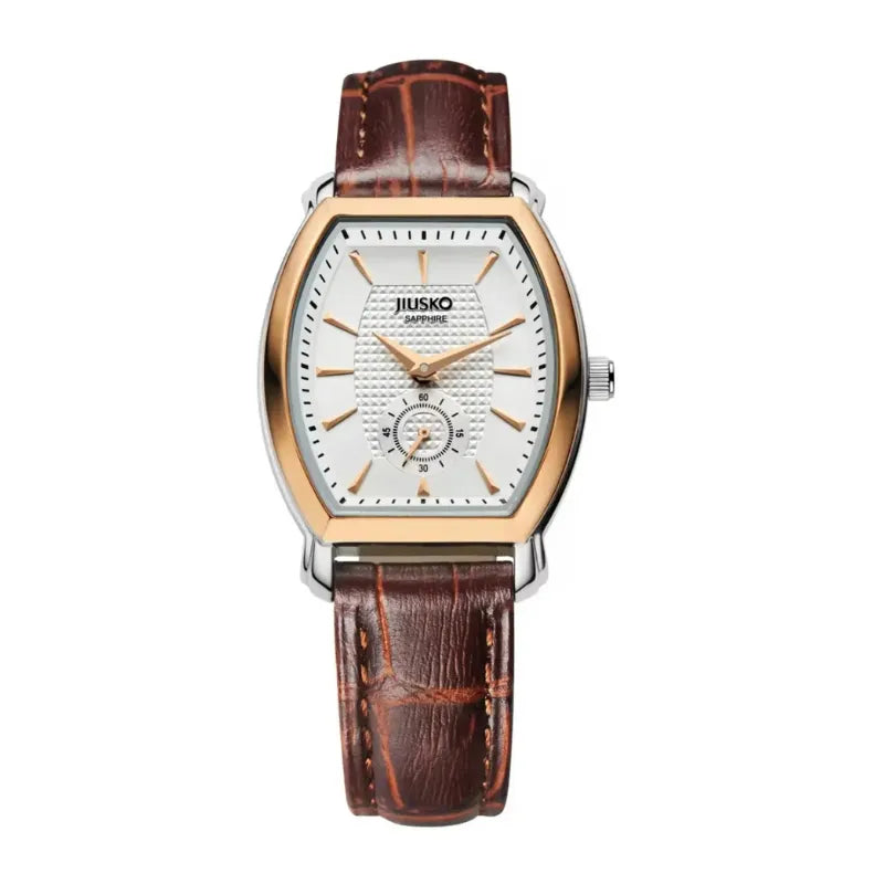 Watch with brown leather strap and silver case on white background