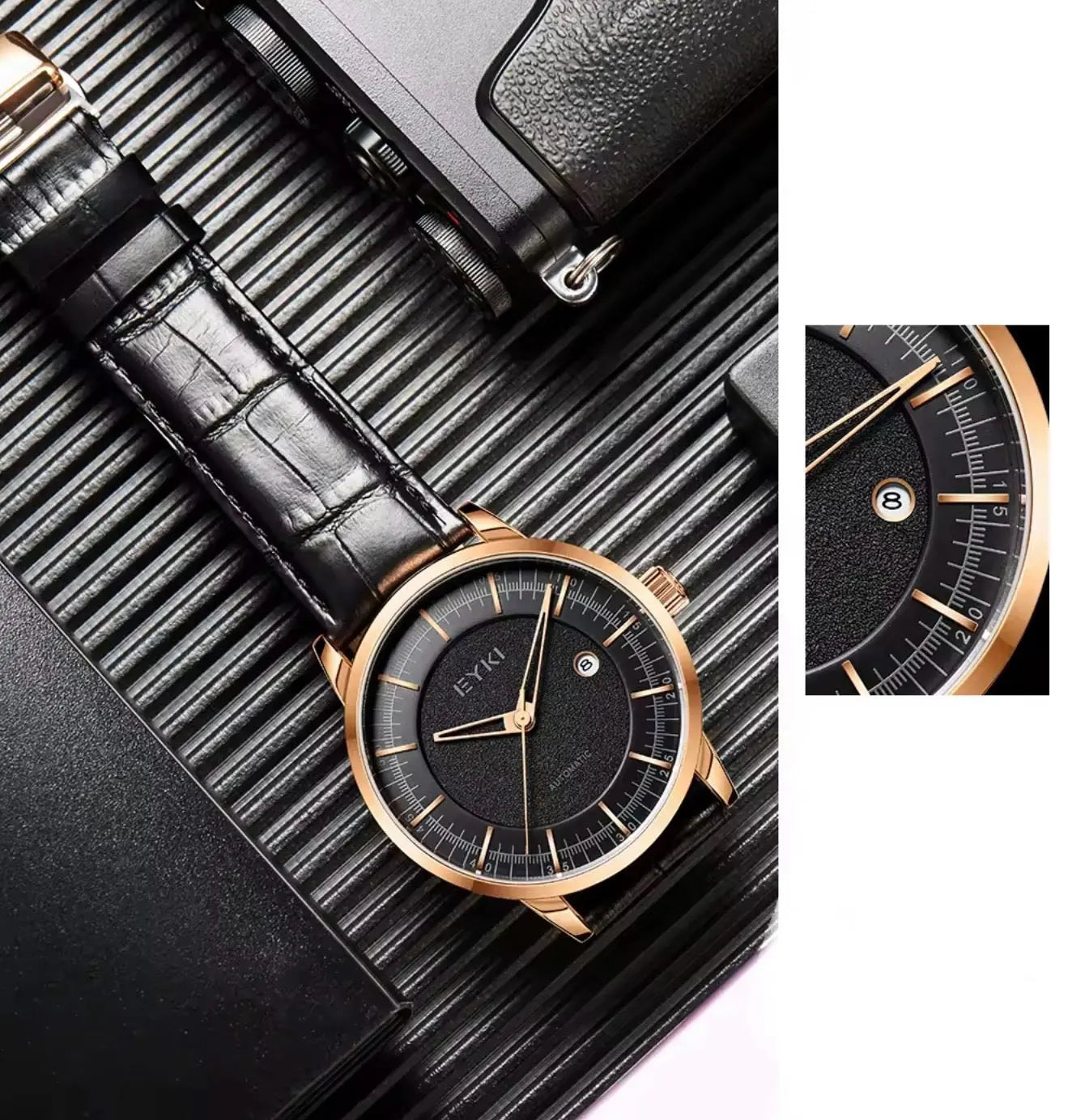 EYKI Men’s Automatic Wristwatch – Luxury Leather Strap (Black) OverflyEyki