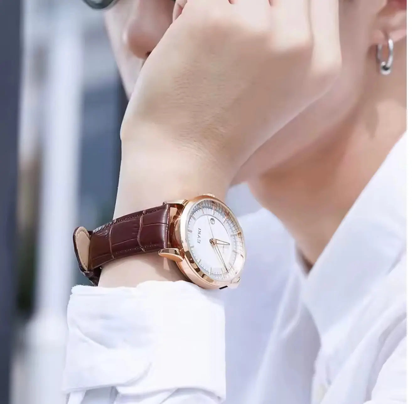 EYKI Men’s Automatic Wristwatch – Luxury Leather Strap (Brown) OverflyEyki