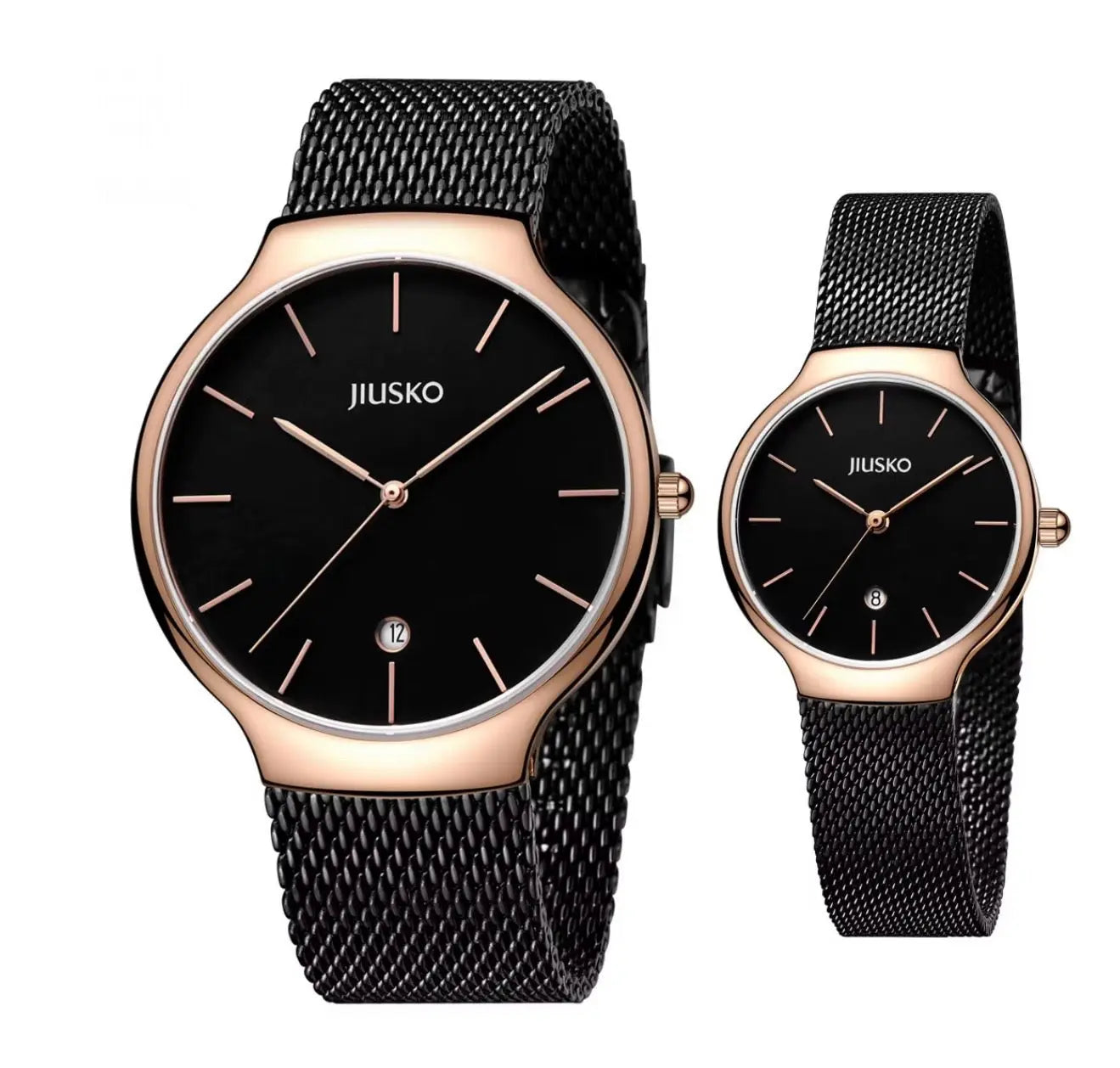 JIUSKO Couple's Quartz Watch Set – Sapphire Crystal, Stainless Steel Mesh Band, Quartz Movement (Black) OverflyEyki