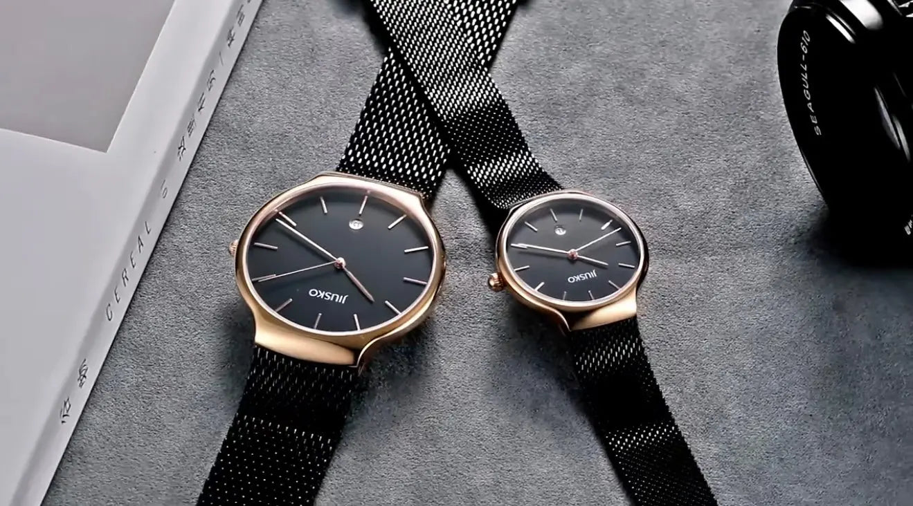 JIUSKO Couple's Quartz Watch Set – Sapphire Crystal, Stainless Steel Mesh Band, Quartz Movement (Black) OverflyEyki