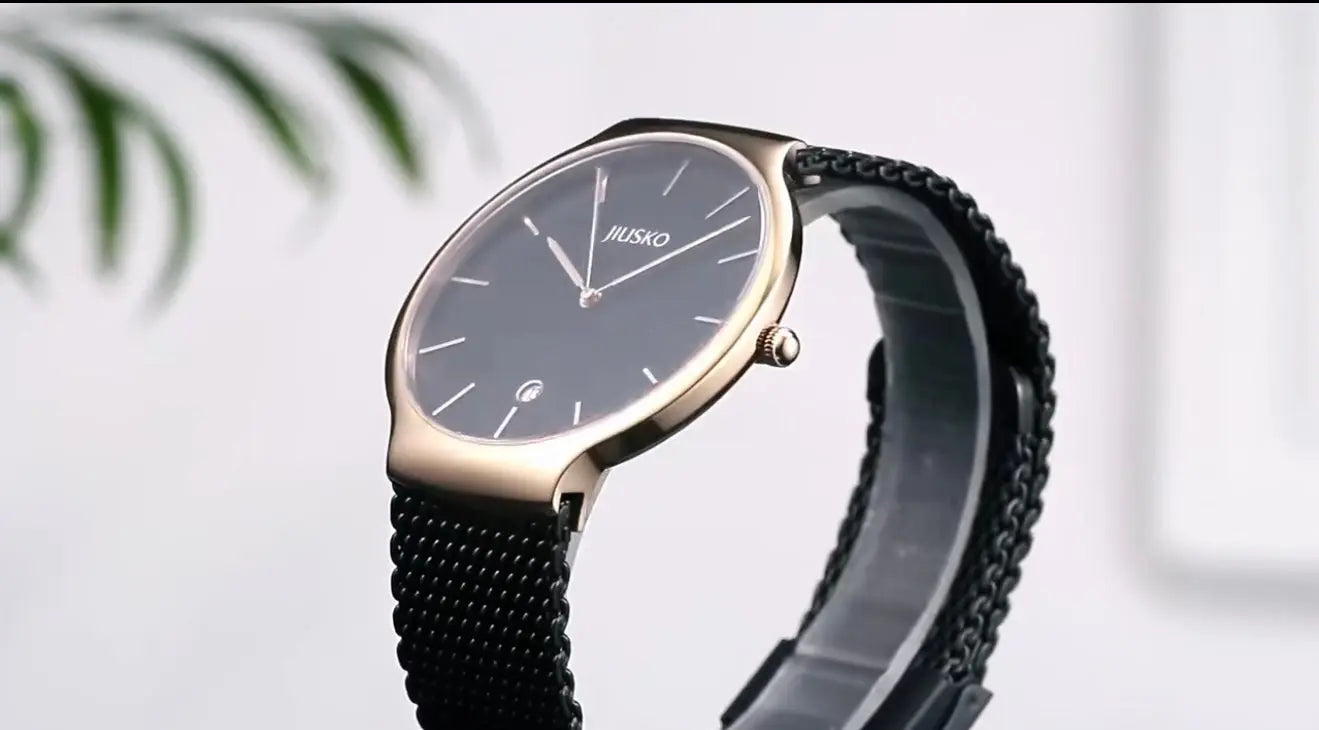 JIUSKO Couple's Quartz Watch Set – Sapphire Crystal, Stainless Steel Mesh Band, Quartz Movement (Black) OverflyEyki