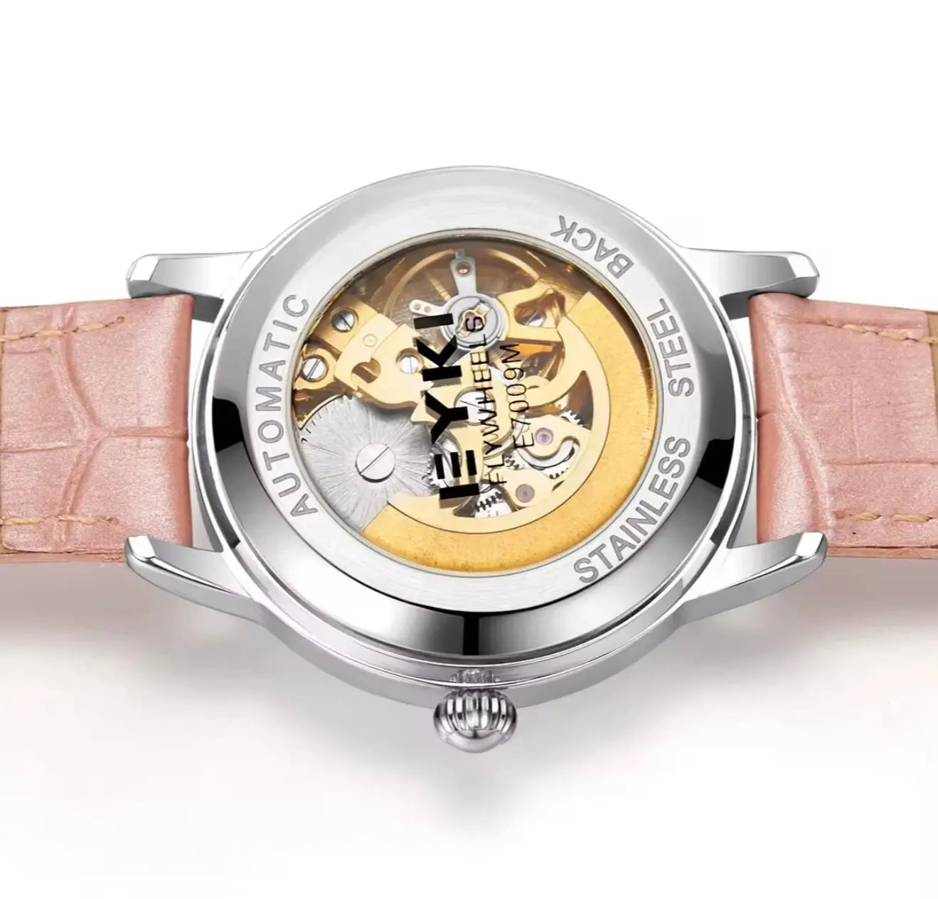 Women's Automatic Watch Luxury Open-Heart Skeleton Dial – 35.2mm Alloy Case, Genuine Leather Strap, 3ATM Waterproof (Pink) OverflyEyki